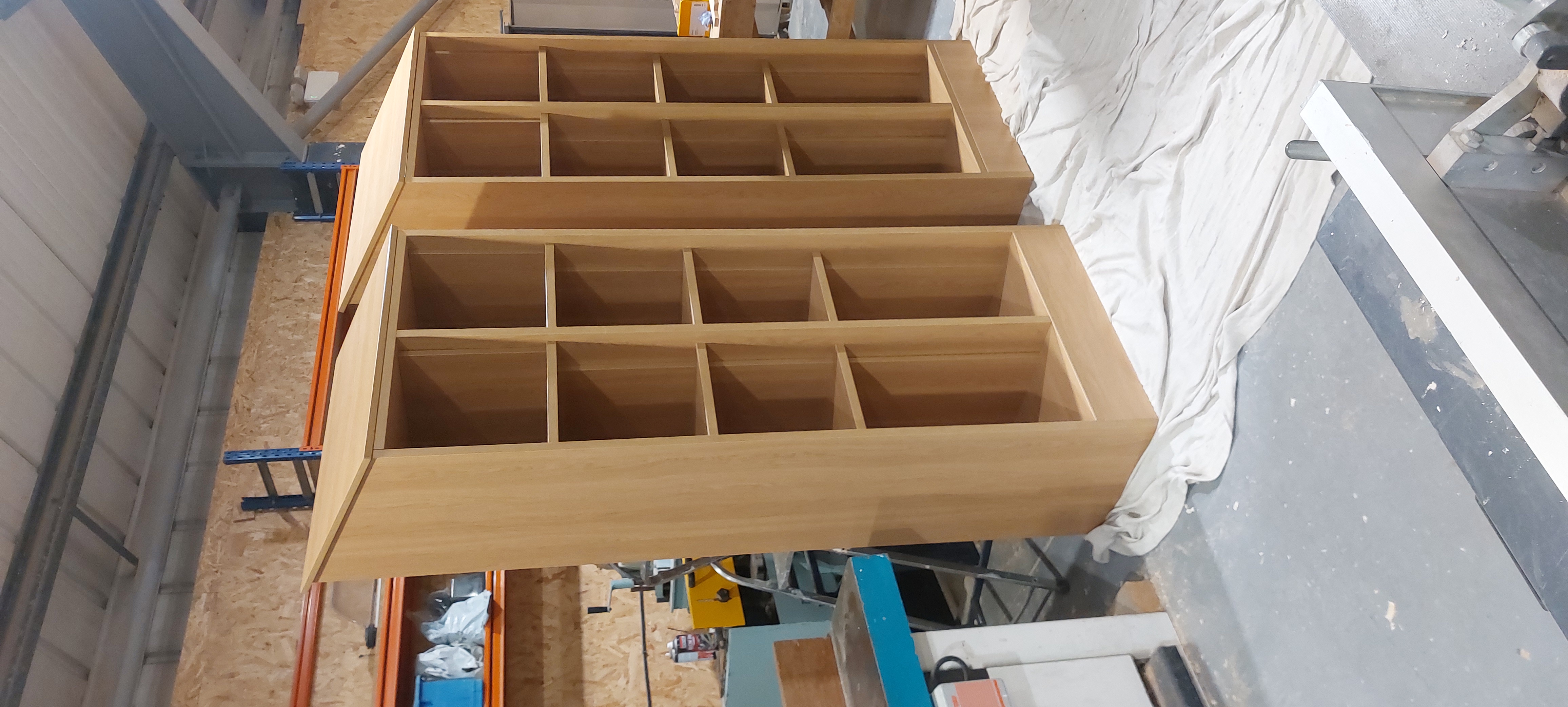 Oak pigeonhole cabinetry in the workshop