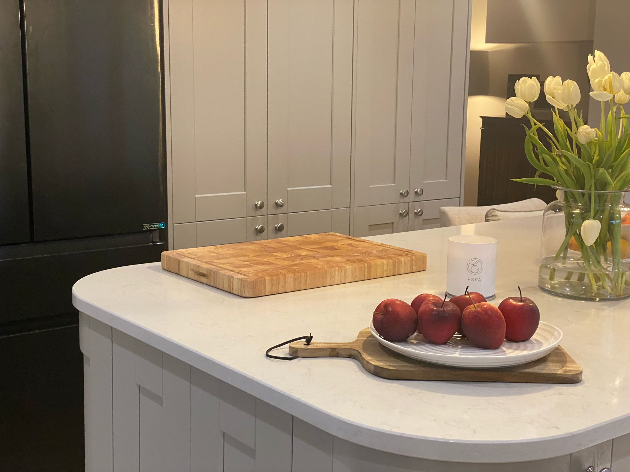 Northshire oak chopping board on a kitchen island